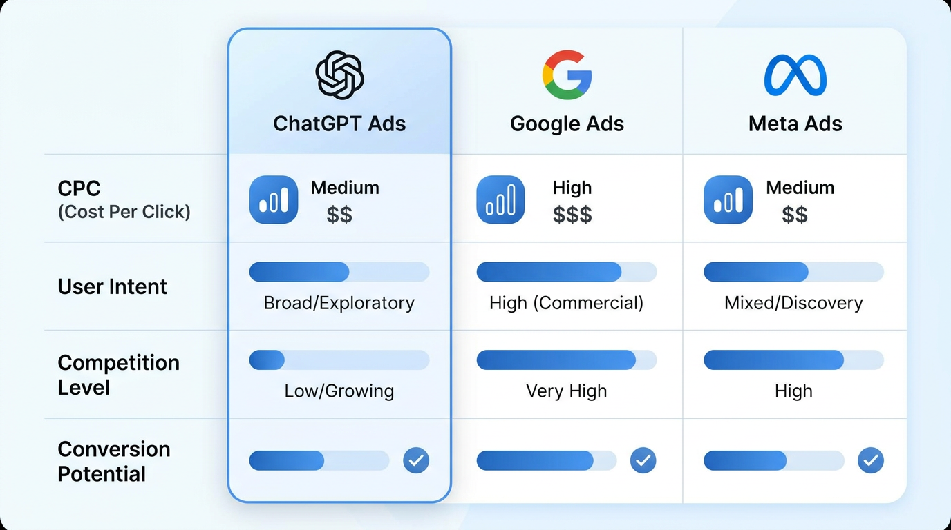 ChatGPT Ads vs Google Ads vs Meta Ads comparison