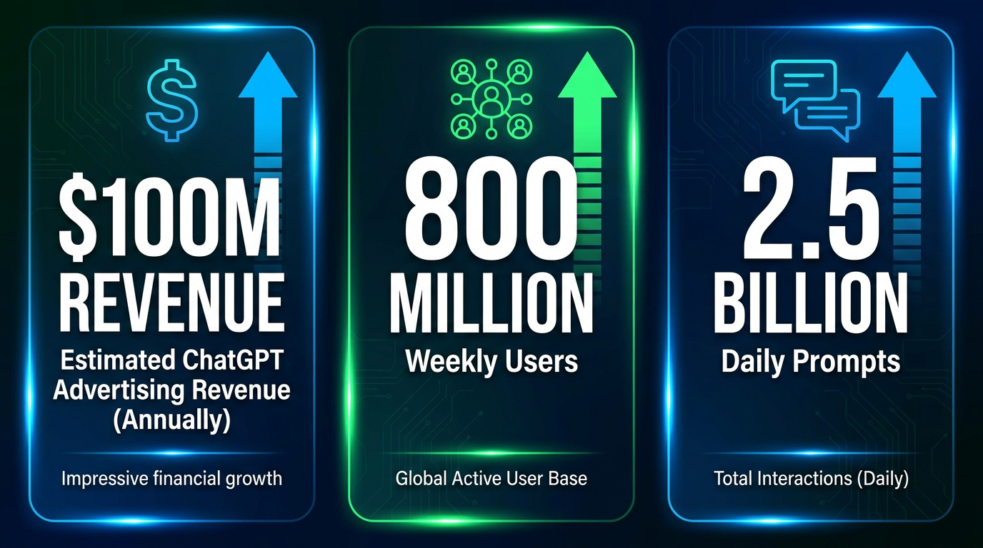 ChatGPT advertising statistics — $100M revenue, 800M users